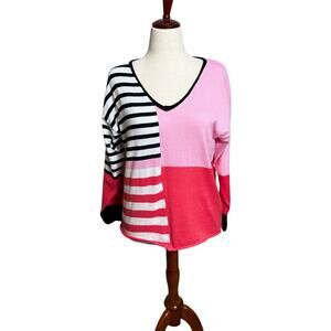 Shannon Passero v neck sweater color block & stripes pink black white Cotton S/M